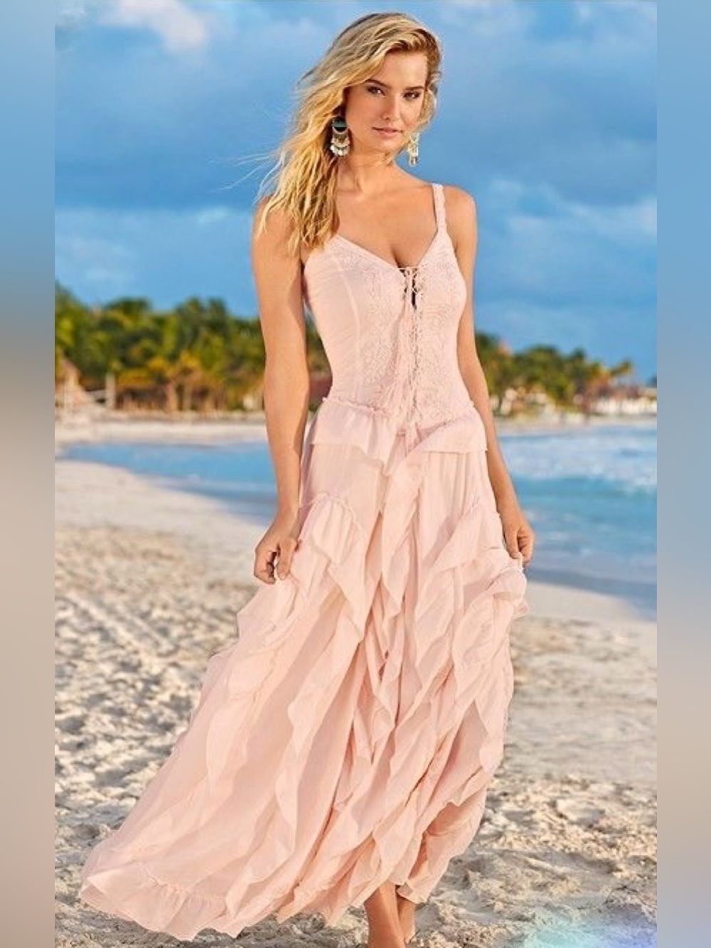 Women’s Venus Lace Up Ruffle Maxi Dress in light pink. Size M NWT